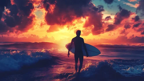 Silhouetted surfer holding board against vivid sunset sky.