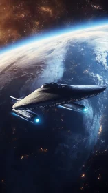 Starcruiser glides above Earth’s glowing midnight curve.