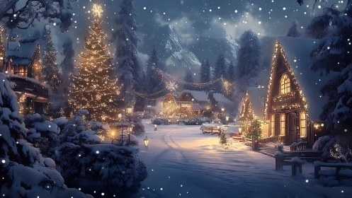 Snowy village street with warm festive holiday lights.