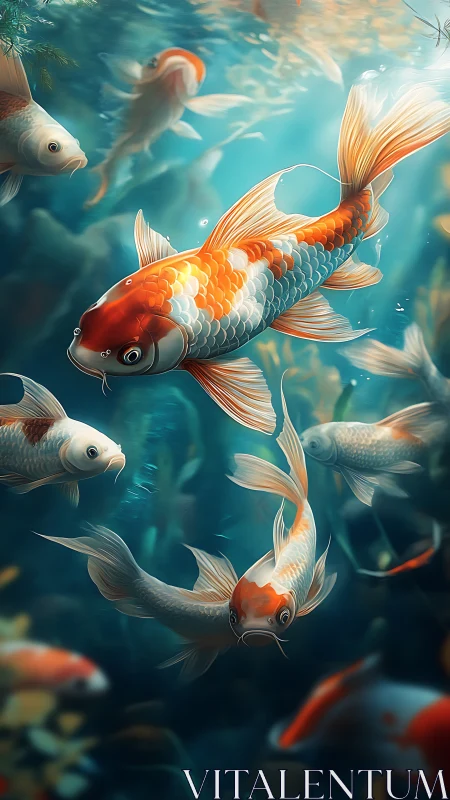 Sunlit koi caravan drifting through sapphire quietude.