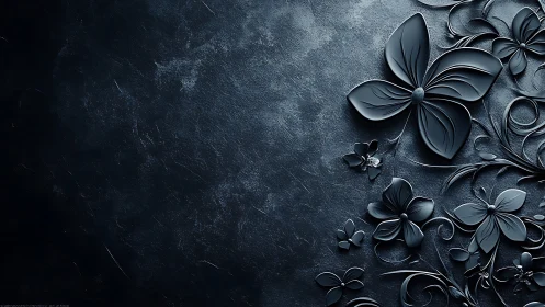 Dark Relief Floral Composition: Embossed Botanical Motifs on Textured Surface