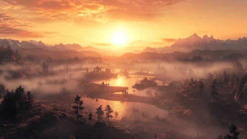 Sunlit mountain valley with misty river and warm sky glow.