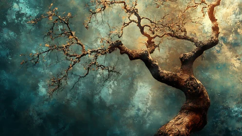 Twisted Ancient Tree in Dreamlike Abstract Style Painting.