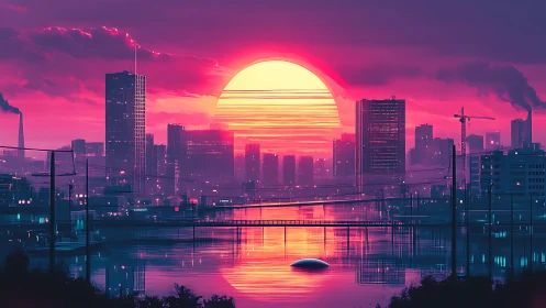 Cyberpunk sunset city skyline over neon river reflections.