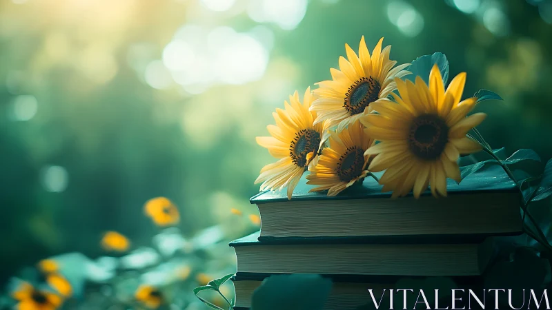 Sunflower Bouquet Resting on Stacked Books. Soft Natural Light.