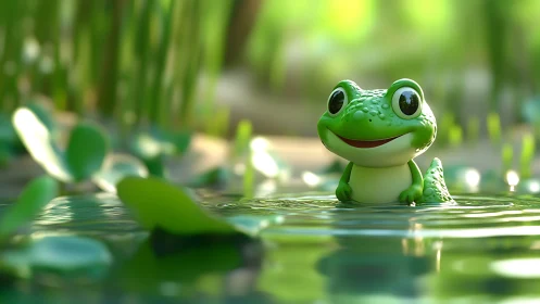 Pondside dreamer frog grins through shimmering green ripples