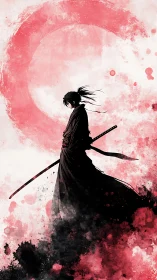 Lone samurai in red ink mist, quietly holding twin blades.