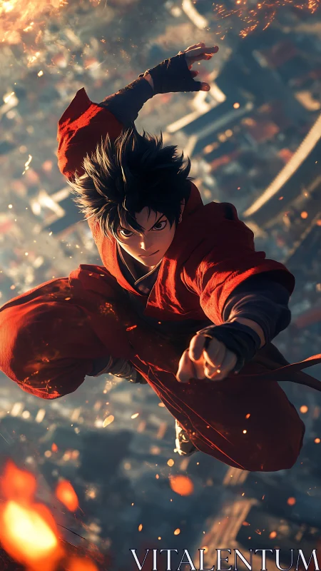 Aerial martial artist in combustion-lit urban freefall motion.