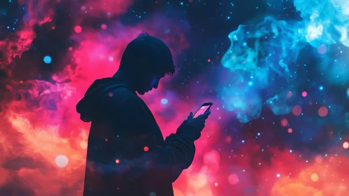Silhouetted smartphone user immersed in neon cosmic nebula glow