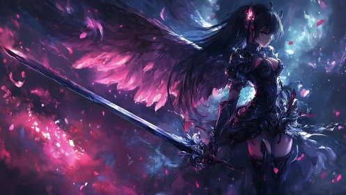 Midnight winged warrior poised between starlight and flame.