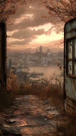 Rusted doorway frames desolate riverside ruins at sunset