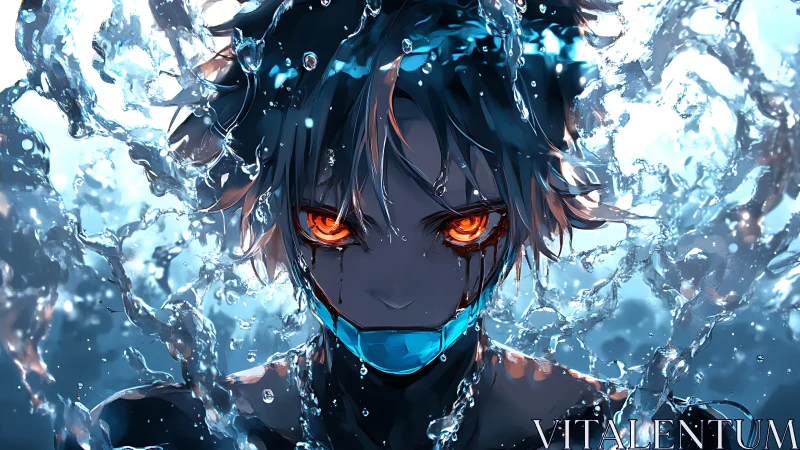 Anime cyber-aquatic portrait with luminous eyes and water arcs.
