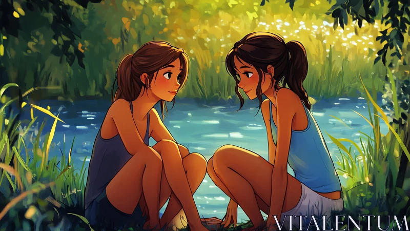 Summer riverbank sisters in soft glowing anime light.