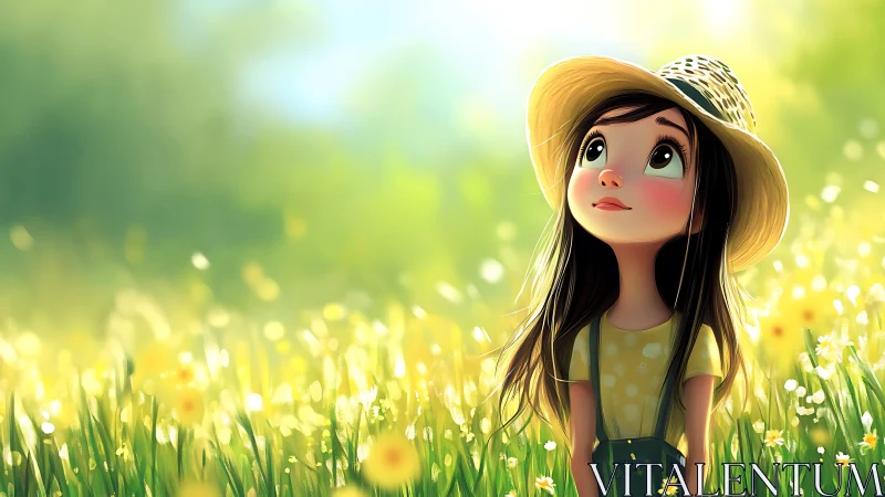 Luminous meadow portrait of wide‑eyed child in straw hat.