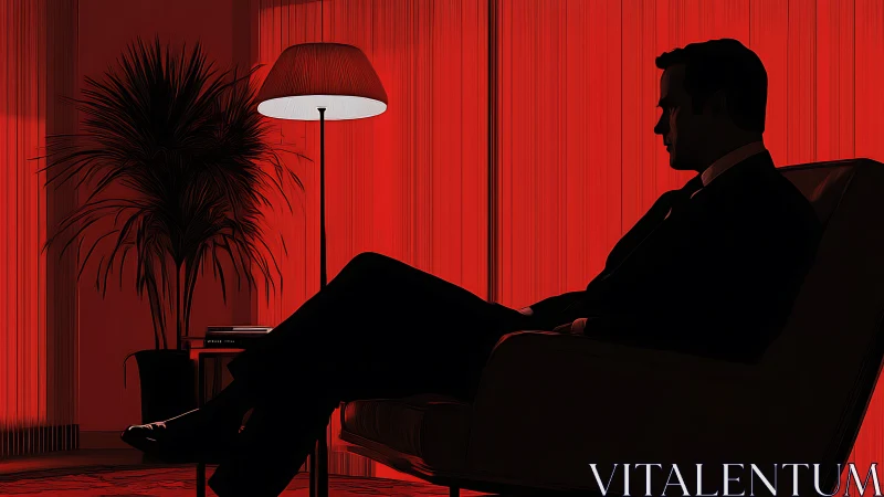 Silhouetted seated figure in red lit interior setting