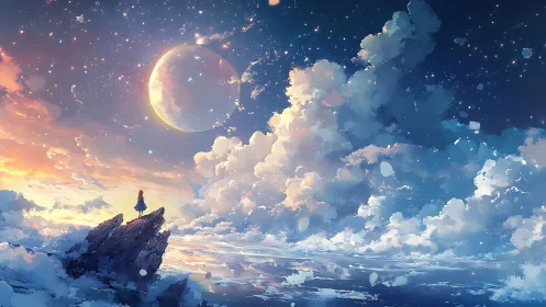 Solitary figure observing celestial sky above luminous clouds