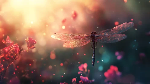 Dragonfly in glowing backlight over softly blurred garden.