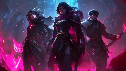 Trio of arcane warriors in chromatic rim light and dynamic cloaks