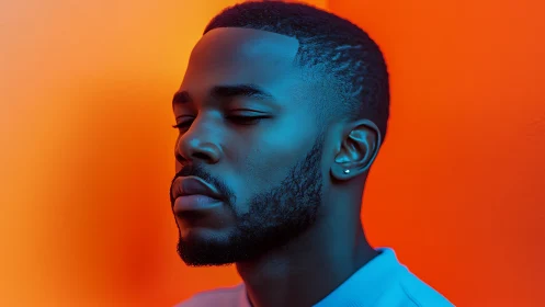 Portrait subject in cyan light against vivid orange wall.