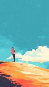 Lone golfer surveys sunlit hill beneath expansive sky