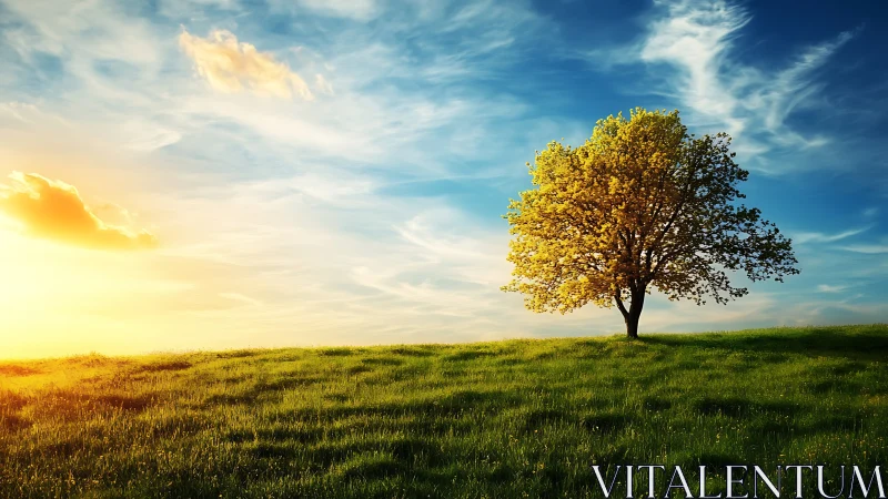 Lone Tree on Green Meadow at Sunrise, Vibrant Natural Landscape.