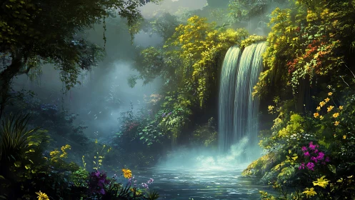 Mystical rainforest waterfall bathed in ethereal morning mist.