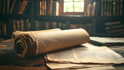 Archival scrolls and folios under diffused library daylight.