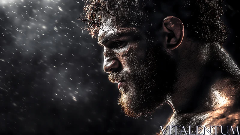 Sweat drenched fighter under cinematic storm backlight.