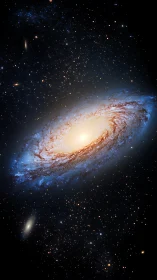 Spiral galaxy with bright core amid dense star field in space.