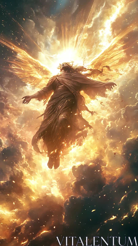 Ascendant ember angel soaring through a storm of light.
