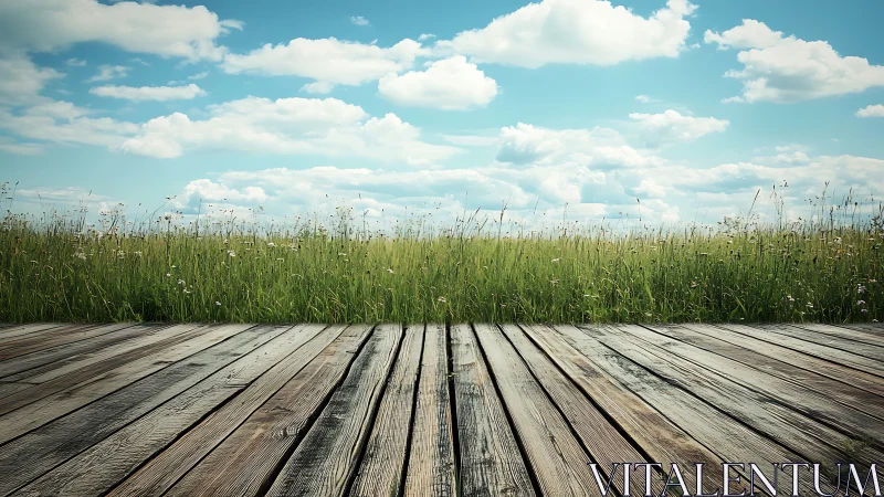 Weathered wooden deck facing tall grass under blue sky.