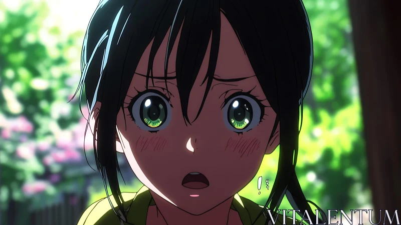 Summer sunlight freezes on her startled, wide green gaze