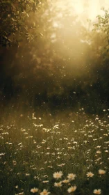 Daisy hush under honeyed sunlight and drifting golden dust.