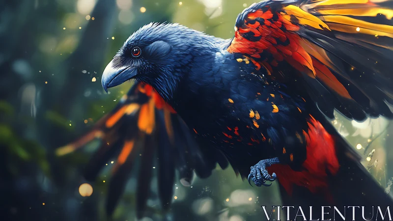 Striking digital art of vibrant black and red bird in flight.