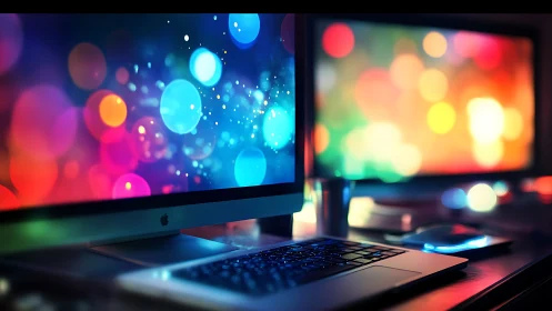 Dual monitors display luminous bokeh interface in dark studio