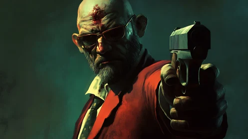 Hard-boiled stranger in crimson coat aims into the dark.