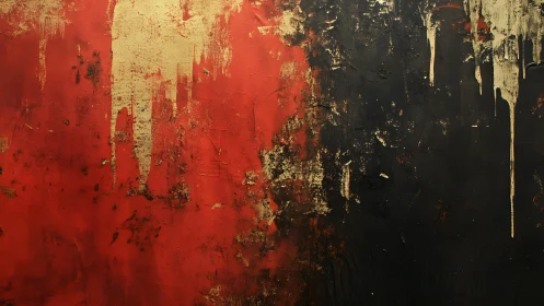 Abstract red and black textured painting with gold drips, modern style.