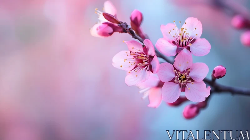 Pink Cherry Blossoms with Detailed Stamen Structure and Bokeh Background