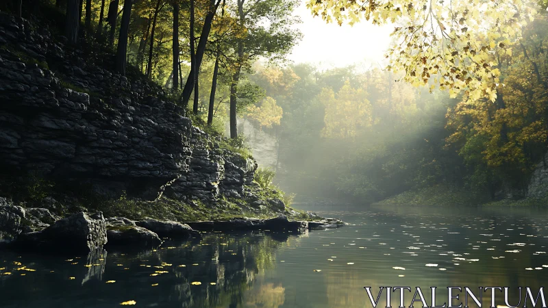 Mistlit forest cove where cliff stones sip morning light.