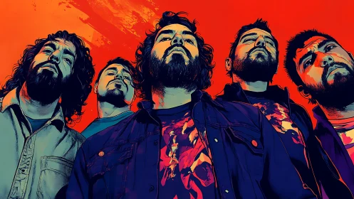 Bold band portrait bathed in fiery red and teal energy.