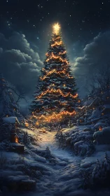 Majestic Christmas tree glows warmly in a snowy winter valley