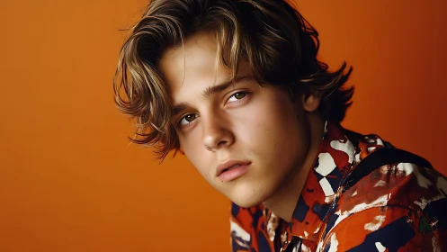 Youthful portrait against vivid orange studio backdrop.
