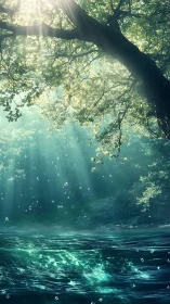 Sunlit forest canopy over shimmering teal river surface.