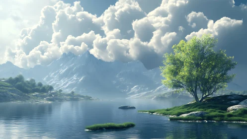 Radiant lakeside tree before volumetric alpine cloudscape.