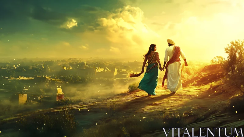 Couple in traditional dress overlooking distant walled city.