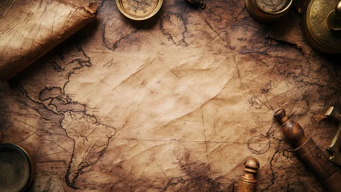 Weathered nautical world map with vintage explorer tools.