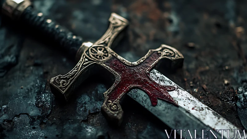 Bloodmarked crusader blade resting on battle-scarred stone.