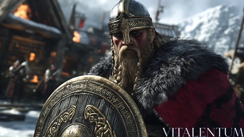 Viking warrior holds shield in snowy village battle scene