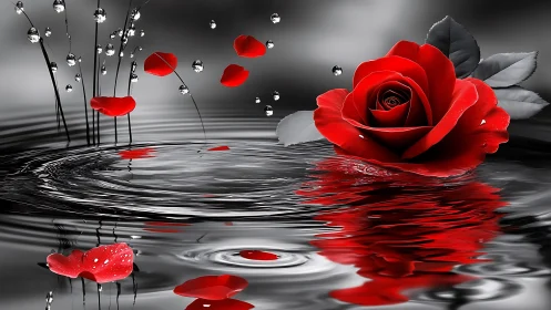 Red Rose in Water: Digital Surrealism with Monochrome Contrast