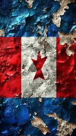 Weathered tricolor flag peels across rugged, cracked metal